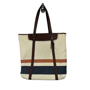 Coach Bleecker Striped Canvas City Tote Bag Handbag Logo Beige Brown 70650